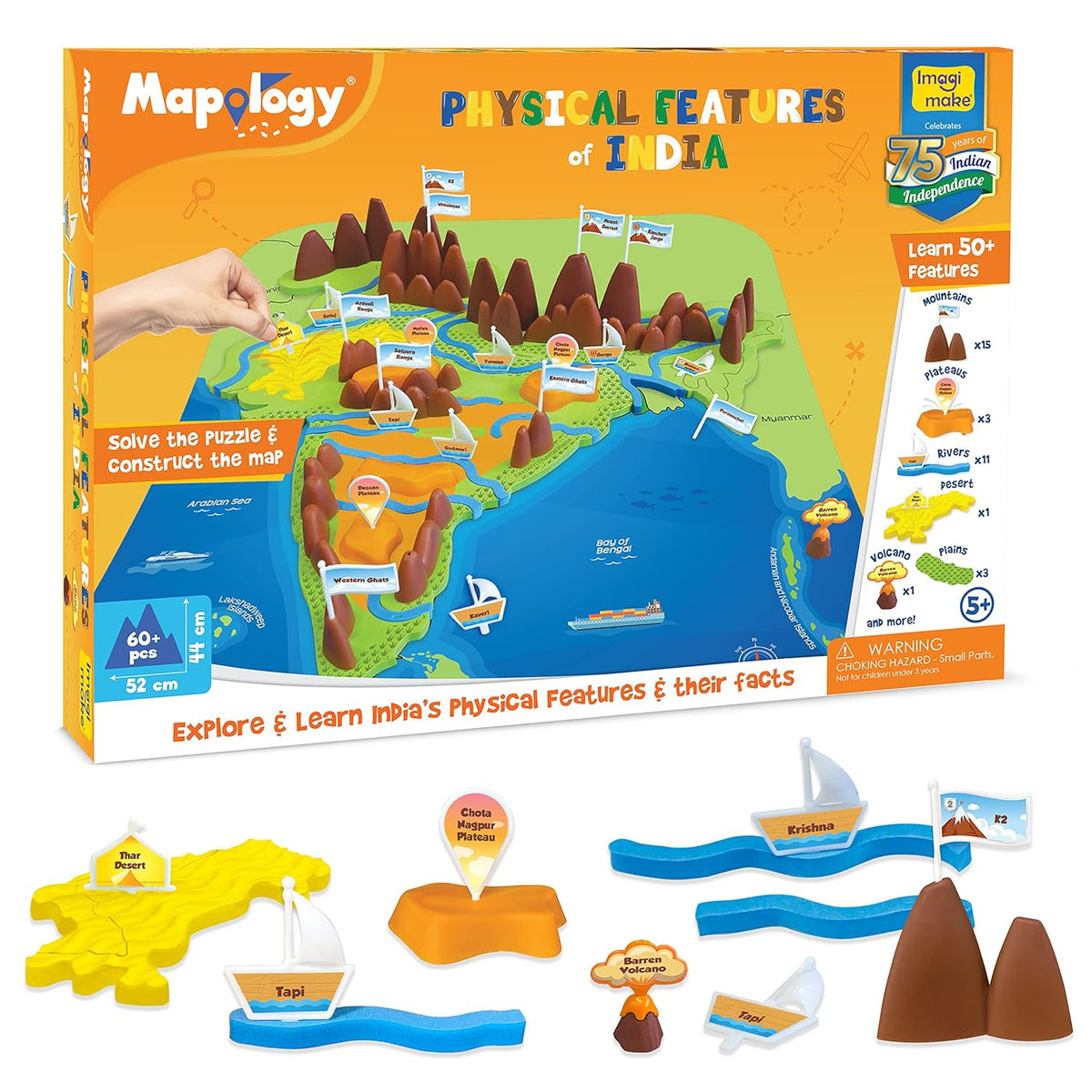 Imagimake Kid’s Mapology – Physical Features of India Learn 50+ Geographical Features Like Mountains, Rivers, Plateaus Educational Toy and Learning Aid Puzzles for Age 5 Years+,Multicolor