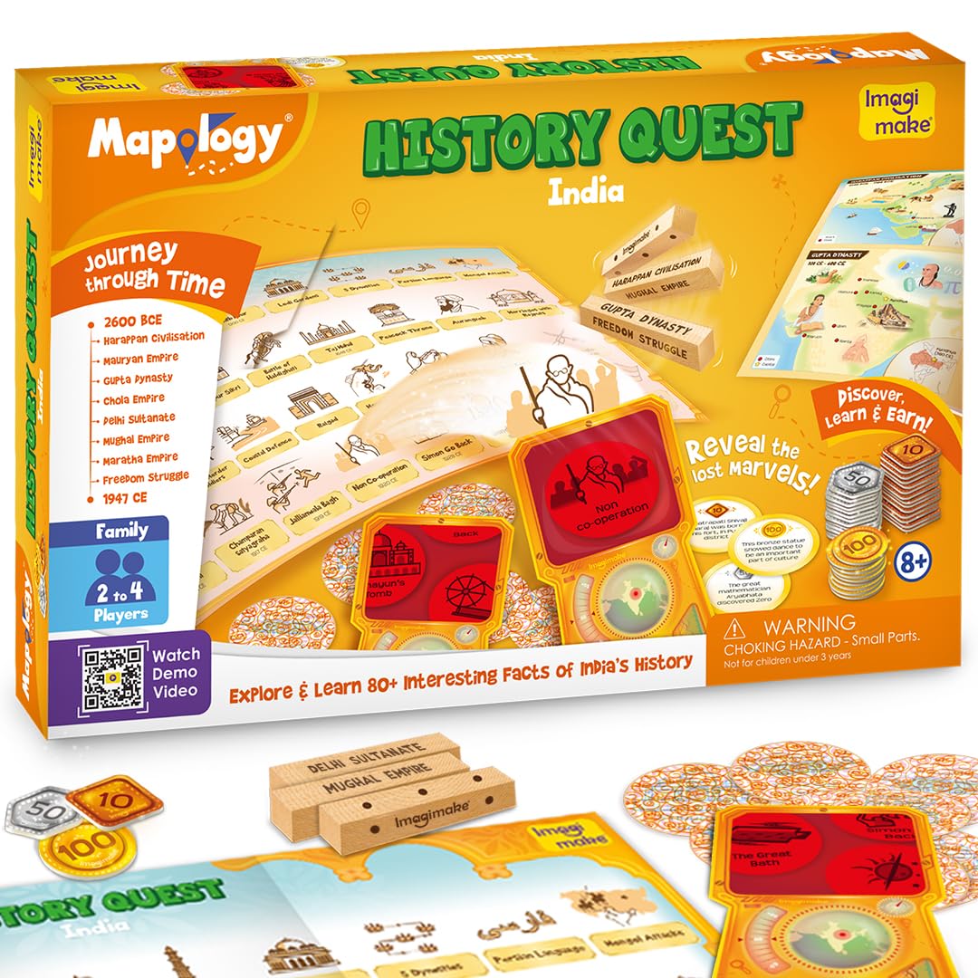 Imagimake Mapology History Quest – India |Historical Board Game |Explore 8 ERAS of Indian History with Discovery Lenses, Artefact Tokens, Ancient Dice |Educational Toy |Birthday Gift for Girls & Boys