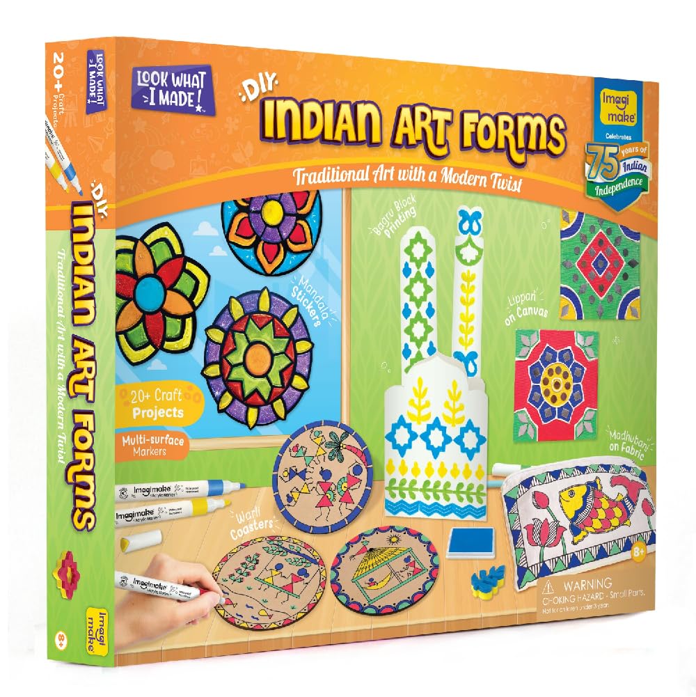 Imagimake Learn Indian Art Forms-Arts and Craft DIY Kit For Kids 8-12, 5 Indian Art Forms-Madhubani, Warli, Lippan, Mandala & Block Printing Arts, Perfect DIY for Girls Kids & Boys Multicolor.