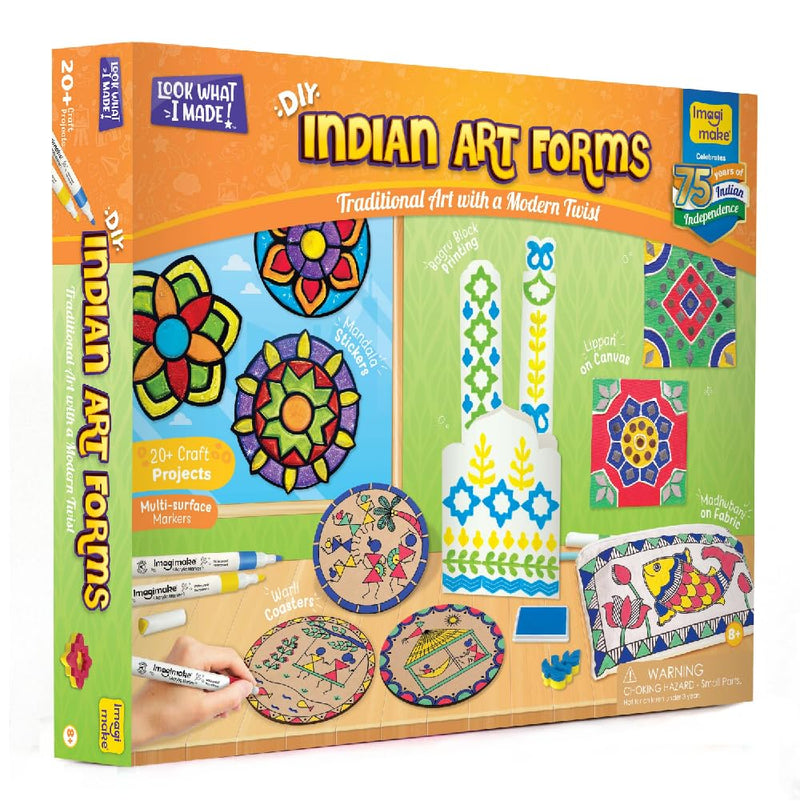 Imagimake Learn Indian Art Forms-Arts and Craft DIY Kit For Kids 8-12, 5 Indian Art Forms-Madhubani, Warli, Lippan, Mandala & Block Printing Arts, Perfect DIY for Girls Kids & Boys Multicolor.