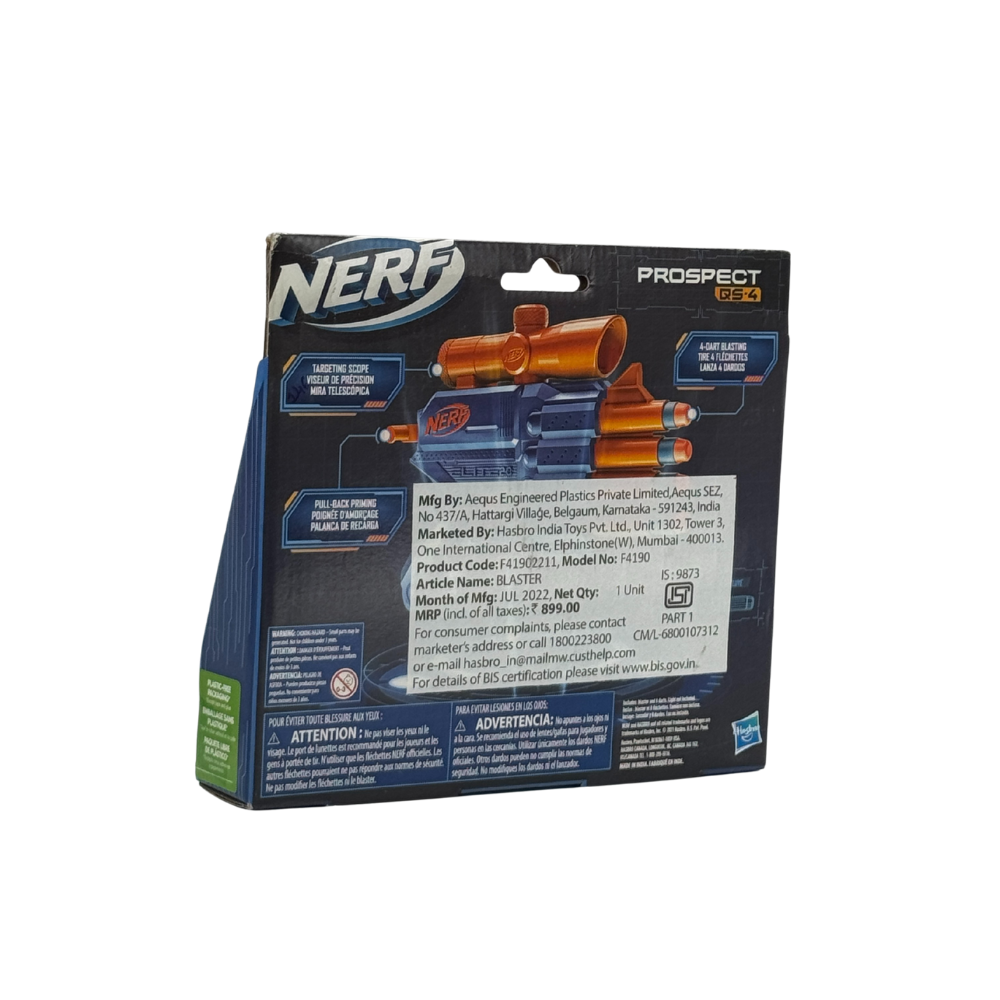 Nerf Elite 2.0 Prospect QS-4 Blaster, 8 Official Elite Darts, 4-Dart Blasting, Nonremovable Targeting Scope, Multicolor