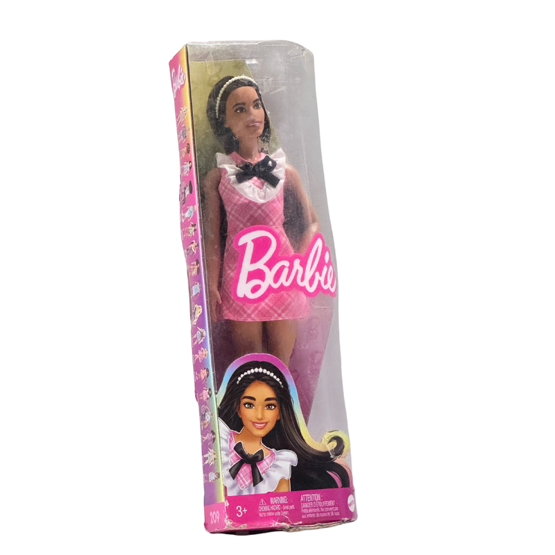 Barbie Fashionistas Doll #209 with Black Hair Wearing a Pink Plaid Dress, Pearlescent Headband and Strappy Heels