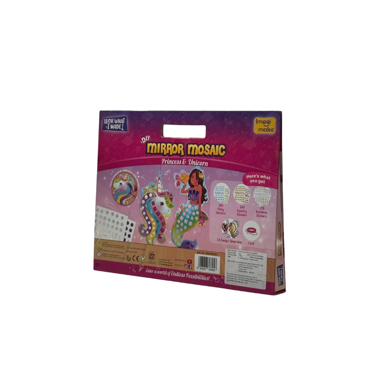 Imagimake Mirror Mosaic Princess & Unicorn | Mess Free Diy Mosaic Craft Kit | 950+ Foil Sticker | Travel Toys For Girls | Birthday Gift For Girls Ages 3,4,5,6,7,8, Pink