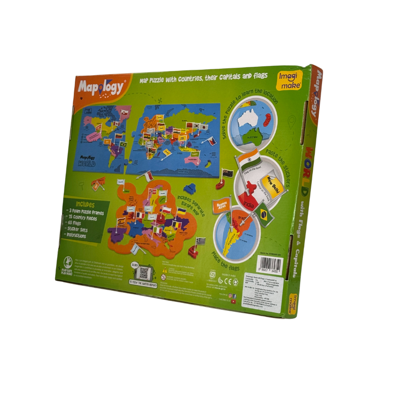 Imagimake Mapology World Flags & Capitals Jigsaw Puzzle |75 Multicolored Country-Shaped Pieces | Birthday Gift for Boys and Girls| World Map Puzzle | Educational Toys for Kids 5,6,7,8,9,10