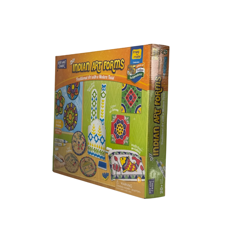 Imagimake Learn Indian Art Forms-Arts and Craft DIY Kit For Kids 8-12, 5 Indian Art Forms-Madhubani, Warli, Lippan, Mandala & Block Printing Arts, Perfect DIY for Girls Kids & Boys Multicolor.
