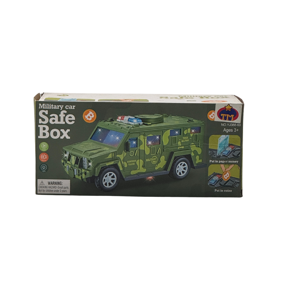 Military car Money Safe Box for Kids Piggy Coin Cash Savings Box Bump n go Military Truck Lights Sound Music Army Jeep Money Saving Pot Safe ATM Safe Bank Toy car Gifts for Children