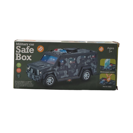 Military car Money Safe Box for Kids Piggy Coin Cash Savings Box Bump n go Military Truck Lights Sound Music Army Jeep Money Saving Pot Safe ATM Safe Bank Toy car Gifts for Children