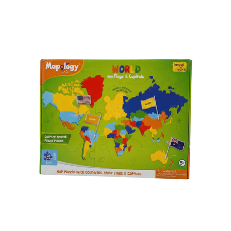 Imagimake Mapology World Flags & Capitals Jigsaw Puzzle |75 Multicolored Country-Shaped Pieces | Birthday Gift for Boys and Girls| World Map Puzzle | Educational Toys for Kids 5,6,7,8,9,10