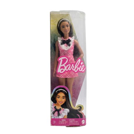 Barbie Fashionistas Doll #209 with Black Hair Wearing a Pink Plaid Dress, Pearlescent Headband and Strappy Heels