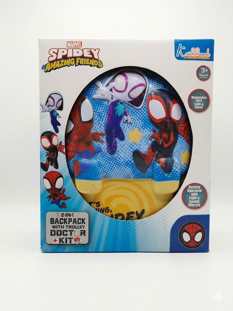 Kriiddaank Marvel Spidey Amazing Friends 2-in-1 Backpack Doctor Kit is a fun and interactive pretend play toy featuring Spidey-themed graphics with doctor accessories and light & sound effects.learning for kids aged 3 years and above.