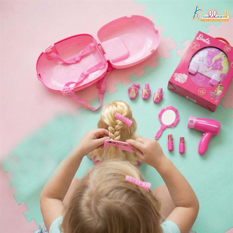 Barbie Backpack Dressing Gift Set for Kids 2 in 1 Portable Pretend Play Makeup & Vanity Set with Electronic Dryer, 13+