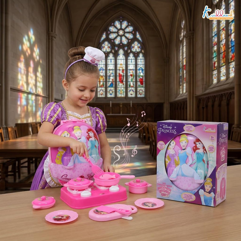 Disney Princess Backpack Kitchen Gift Set for Kids 21 Pcs Pretend Play Cooking Toy with Music, 2 in 1 Portable Backpack Kitchen Set for Girls, Includes Accessories, Pink, Gift For Ages 3+