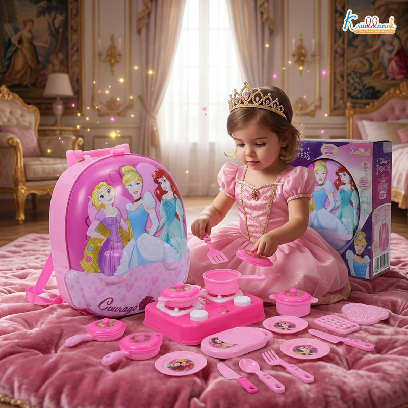 Disney Princess Backpack Kitchen Gift Set for Kids 21 Pcs Pretend Play Cooking Toy with Music, 2 in 1 Portable Backpack Kitchen Set for Girls, Includes Accessories, Pink, Gift For Ages 3+