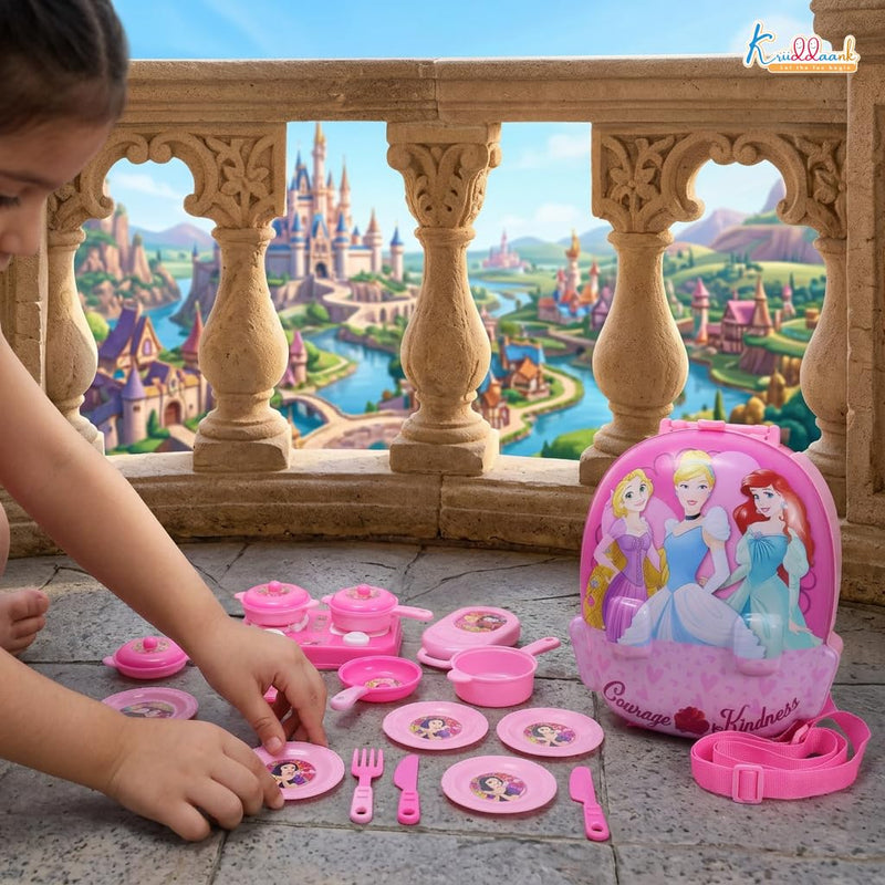 Disney Princess Backpack Kitchen Gift Set for Kids 21 Pcs Pretend Play Cooking Toy with Music, 2 in 1 Portable Backpack Kitchen Set for Girls, Includes Accessories, Pink, Gift For Ages 3+