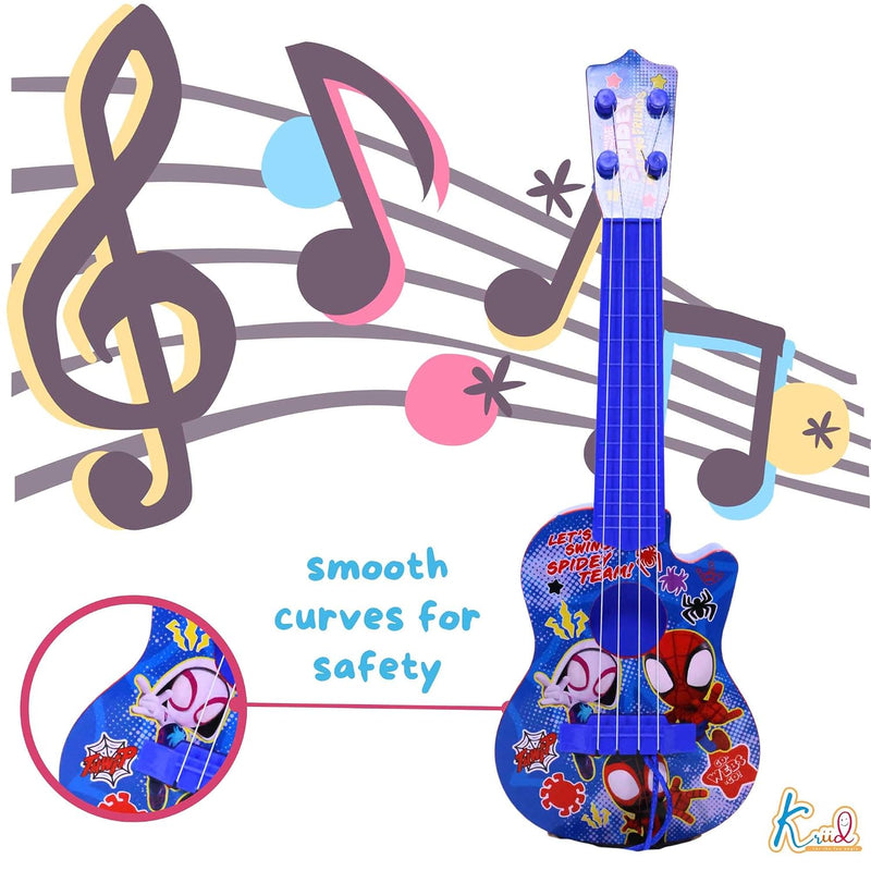 Spiderman 4 String Small Toy Guitar for Kids (3+ Years) Adjustable String Tension, Fingerstyle Tab & Pick | Educational Musical Instrument | Gift for Boys| Portable & Safe Design, Blue