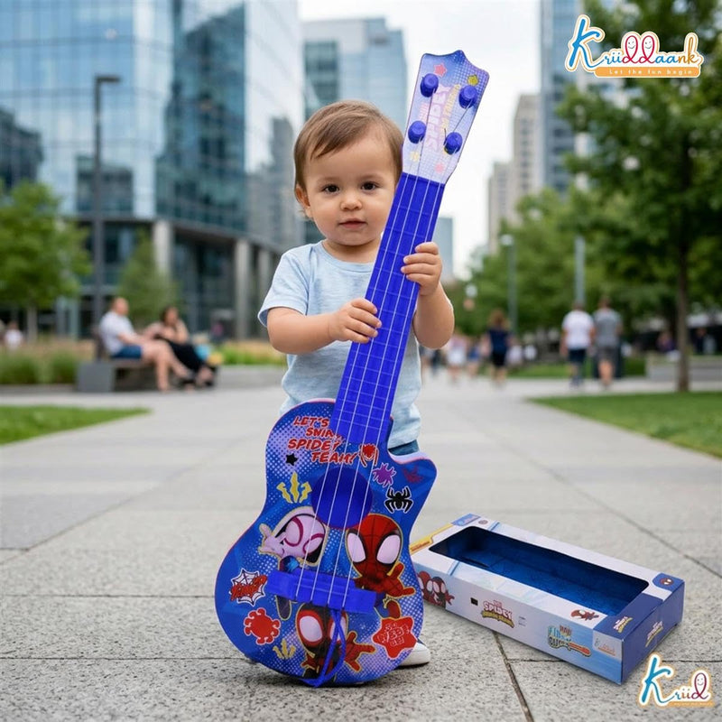 Spiderman 4 String Small Toy Guitar for Kids (3+ Years) Adjustable String Tension, Fingerstyle Tab & Pick | Educational Musical Instrument | Gift for Boys| Portable & Safe Design, Blue