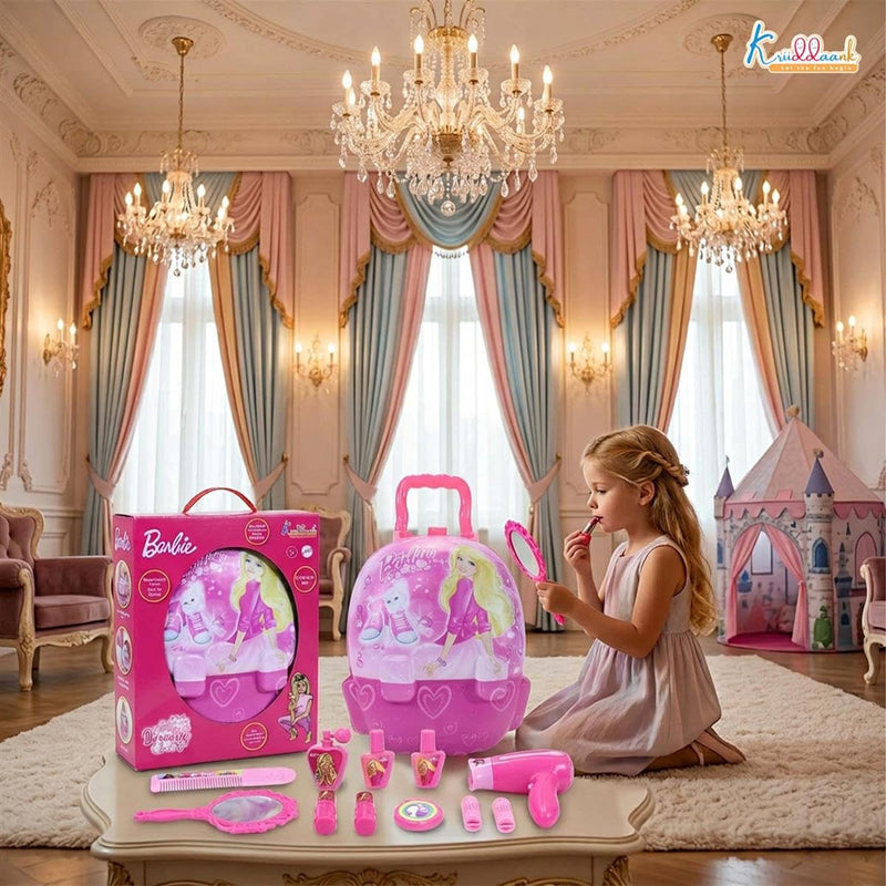 Barbie Backpack Dressing Gift Set for Kids 2 in 1 Portable Pretend Play Makeup & Vanity Set with Electronic Dryer, 13+