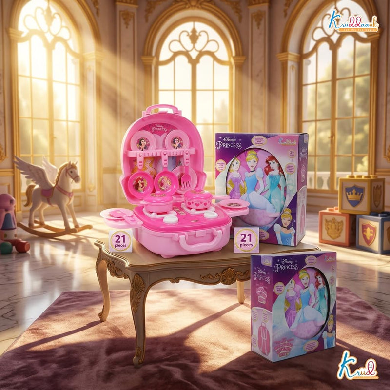 Disney Princess Backpack Kitchen Gift Set for Kids 21 Pcs Pretend Play Cooking Toy with Music, 2 in 1 Portable Backpack Kitchen Set for Girls, Includes Accessories, Pink, Gift For Ages 3+