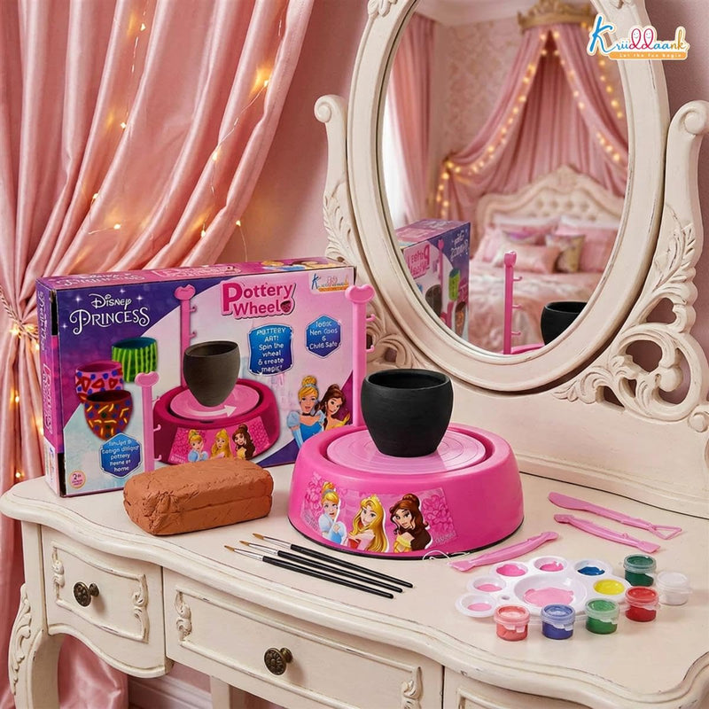 Disney Princess Theme Pottery Wheel Kit Complete Fairy Tale Clay Art & Crafts Set with 800g Clay, 6 Acrylic Paints, Sculpting Tools & Music Creative DIY Pottery Studio for Girls 8+ Years