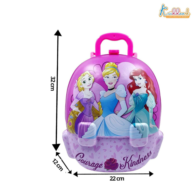 Kriddaank Princess 2 in 1 Backpack Dressing Table & Trolley Gift Set for Kids 13 Pcs Pretend Play Makeup Kit with Electronic Dryer Portable Vanity Toy | Birthday Gift for Girls Age 3+