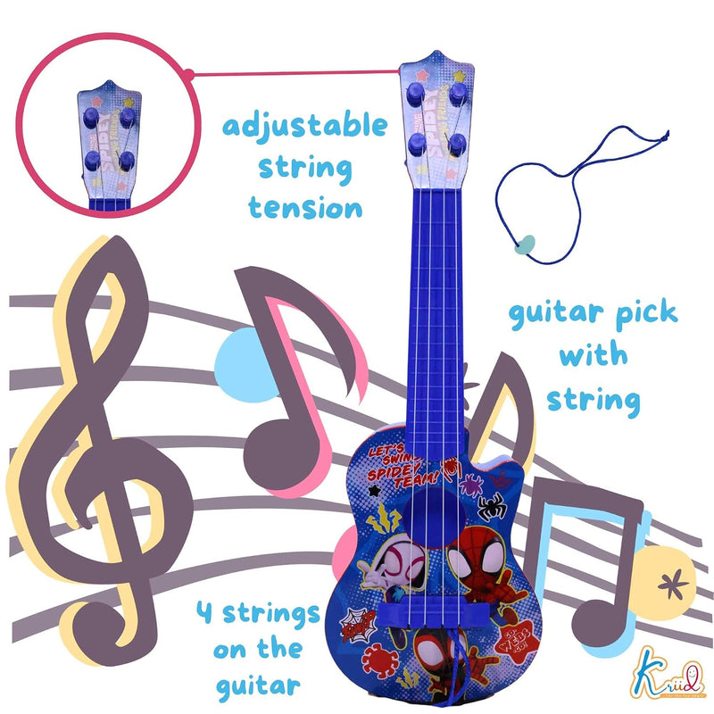 Spiderman 4 String Small Toy Guitar for Kids (3+ Years) Adjustable String Tension, Fingerstyle Tab & Pick | Educational Musical Instrument | Gift for Boys| Portable & Safe Design, Blue