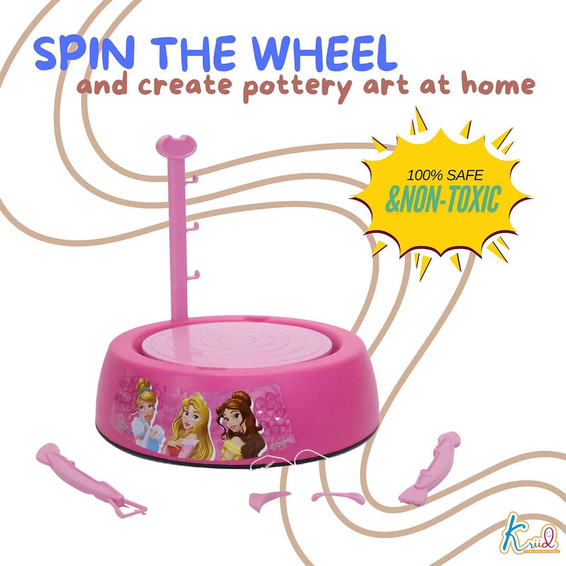 Disney Princess Theme Pottery Wheel Kit Complete Fairy Tale Clay Art & Crafts Set with 800g Clay, 6 Acrylic Paints, Sculpting Tools & Music Creative DIY Pottery Studio for Girls 8+ Years