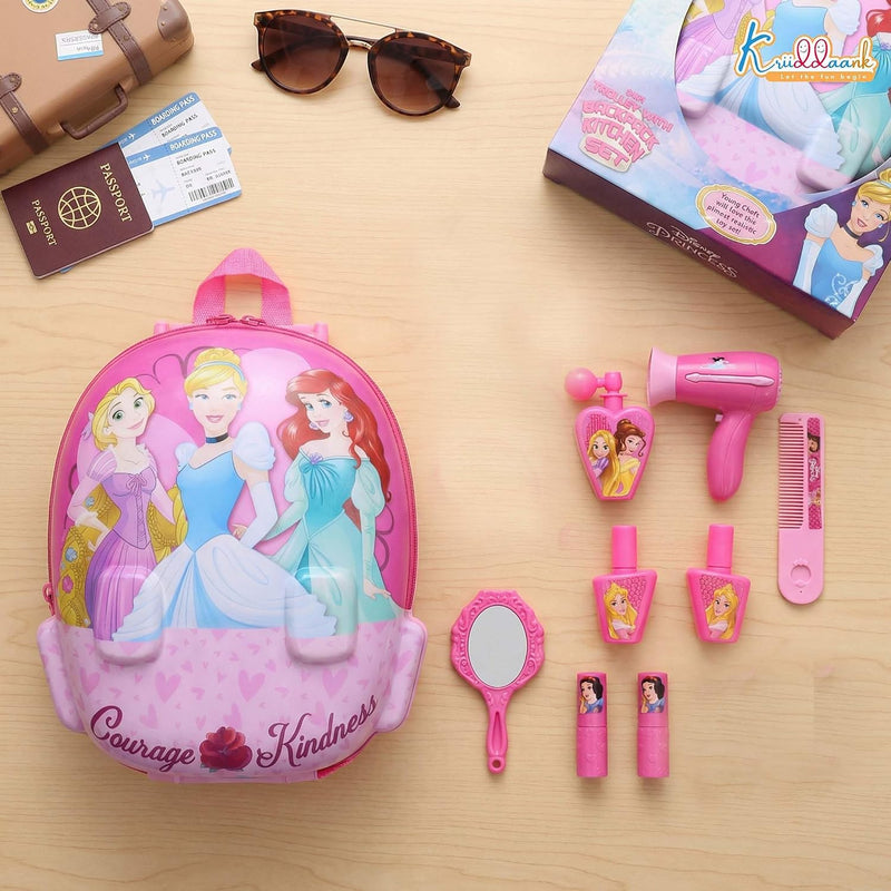 Kriddaank Princess 2 in 1 Backpack Dressing Table & Trolley Gift Set for Kids 13 Pcs Pretend Play Makeup Kit with Electronic Dryer Portable Vanity Toy | Birthday Gift for Girls Age 3+