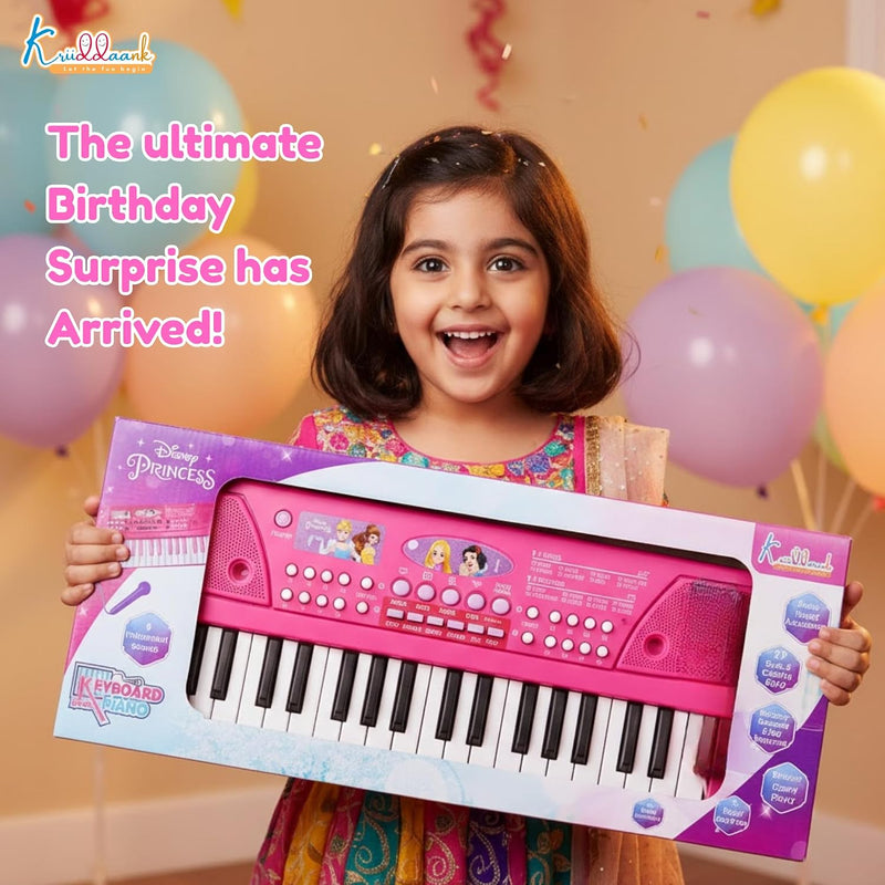 Princess Keyboard Piano for Girls 37 Keys Musical instrument with Microphone, 8 Rhythms, 8 Tones & USB/Battery Power, Educational Learning Toy Birthday Gift for Kids Aged 3+ Years Pink
