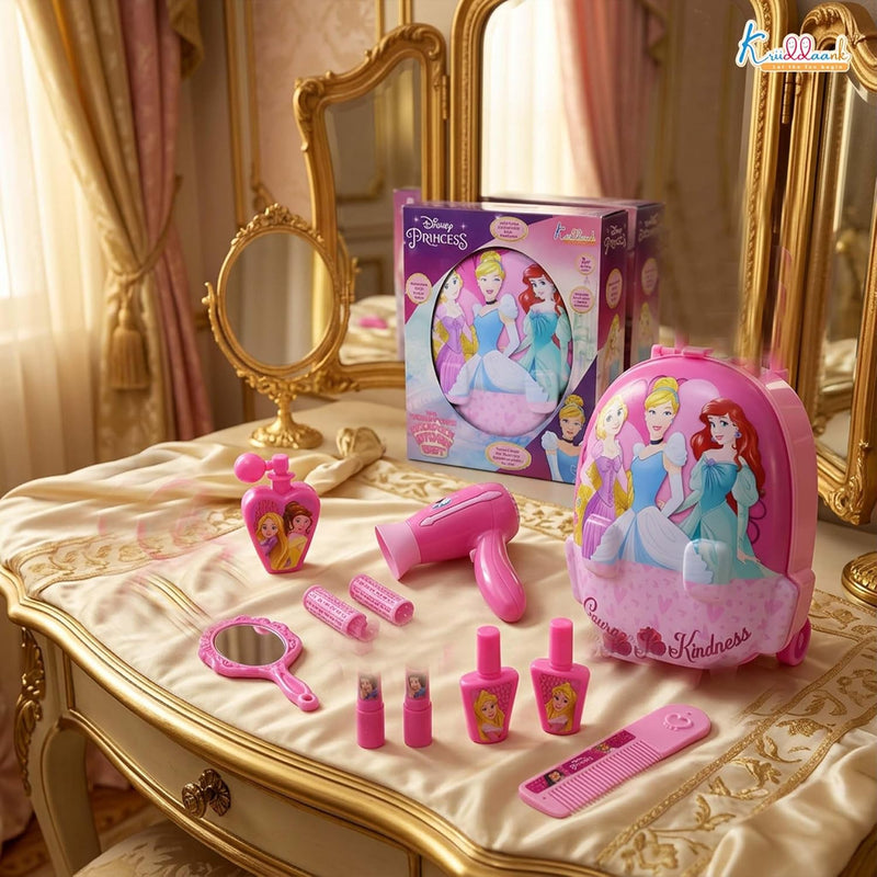 Kriddaank Princess 2 in 1 Backpack Dressing Table & Trolley Gift Set for Kids 13 Pcs Pretend Play Makeup Kit with Electronic Dryer Portable Vanity Toy | Birthday Gift for Girls Age 3+