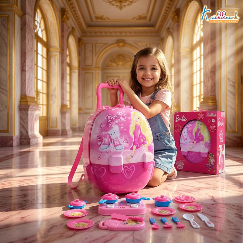 Kriiddaank Barbie Backpack Kitchen Set with Lights and Music 21 Piece Portable Pink Pretend Play Chef Toy with 12 Accessories for Girls Age 3+, Realistic Role Play & Easy Storage|Birthday Gift