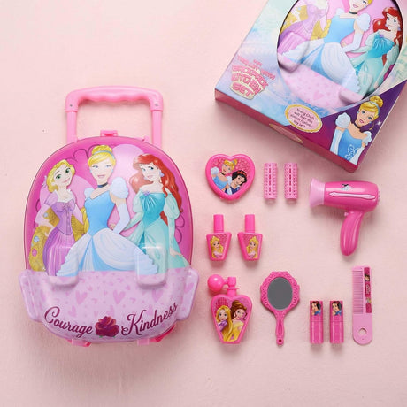 Kriddaank Princess 2 in 1 Backpack Dressing Table & Trolley Gift Set for Kids 13 Pcs Pretend Play Makeup Kit with Electronic Dryer Portable Vanity Toy | Birthday Gift for Girls Age 3+