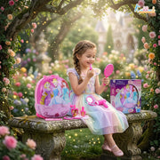 Kriddaank Princess 2 in 1 Backpack Dressing Table & Trolley Gift Set for Kids 13 Pcs Pretend Play Makeup Kit with Electronic Dryer Portable Vanity Toy | Birthday Gift for Girls Age 3+