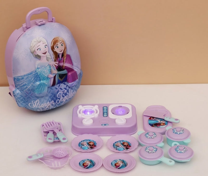 Kriiddaank Frozen Backpack Kitchen Set for Kids 21 Pcs Pretend Play Cooking Set with Music & Accessories Portable Learning Kitchen Toy|Birthday Gift for Girls 3+ Years Turkish Blue