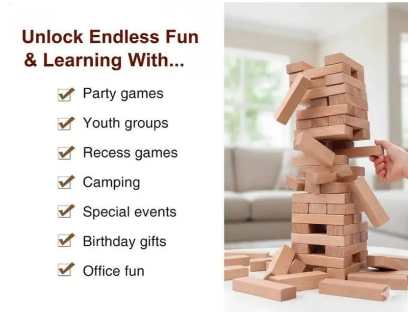 Zenga Wooden Blocks – Classic Stacking Game | 54 Wooden Blocks for Kids & Family Fun