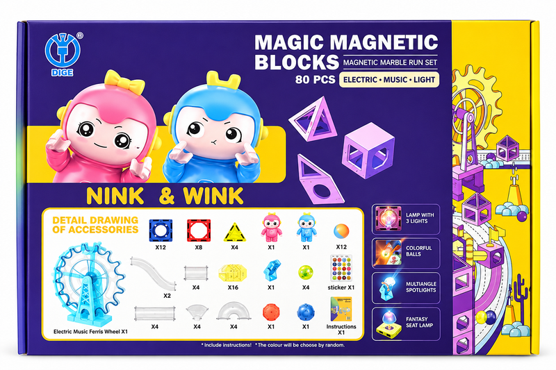 DIGE Magic Magnetic Blocks – 80 Pcs Magnetic Marble Run Set with Electric, Music & Light Features for Kids