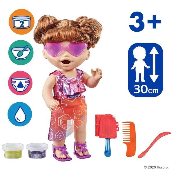 Baby Alive Sunshine Snacks Doll, Eats and Poops, Summer Themed Waterplay Baby Doll, Ice Pop Mold, Toy for Kids Ages 3 and Up, Brown Hair