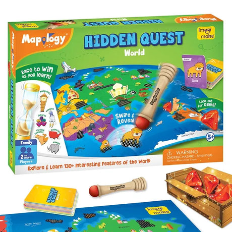 Imagimake Mapology Hidden Quest World Map | Educational Game Age 5+ | World map board game: 110 cards, 40+ swipe & reveal magic patches, super swiper, timer & gems; learn 130+ world features