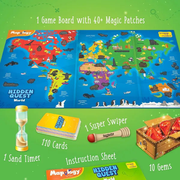 Imagimake Mapology Hidden Quest World Map | Educational Game Age 5+ | World map board game: 110 cards, 40+ swipe & reveal magic patches, super swiper, timer & gems; learn 130+ world features