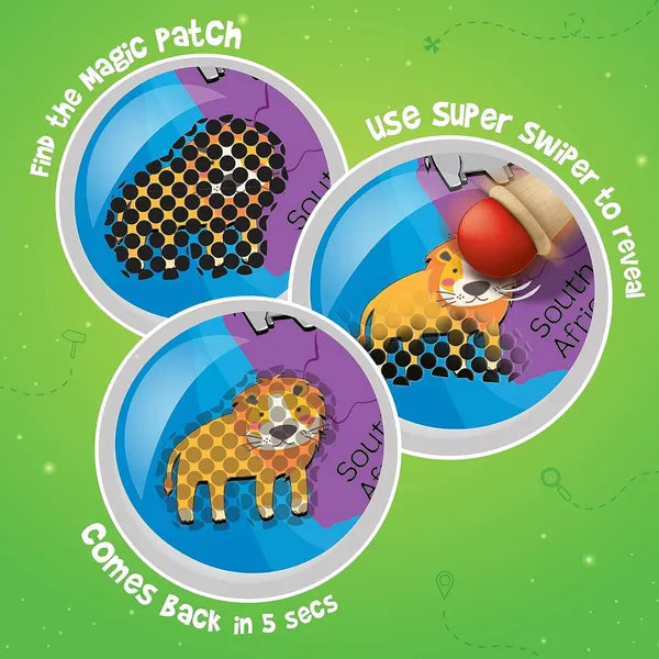 Imagimake Mapology Hidden Quest World Map | Educational Game Age 5+ | World map board game: 110 cards, 40+ swipe & reveal magic patches, super swiper, timer & gems; learn 130+ world features