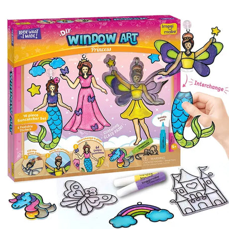 Imagimake Window Art Princess | Glass Painting Kit for Girls | Age 5+ | Glass painting kit: interchange hair, face & body for 64 princess & unicorn combos; 11 paints, peel & stick; girls 5+