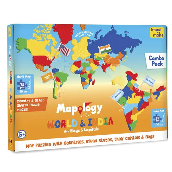 Imagimake Mapology India & World Map with Capitals |Educational Toy for Age 5+ | India & World foam map puzzle: 4 EVA frames, 10-3 pieces, 100 flags; learn states, 65+ countries, flags & capitals