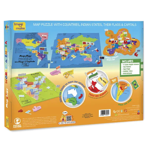 Imagimake Mapology India & World Map with Capitals |Educational Toy for Age 5+ | India & World foam map puzzle: 4 EVA frames, 10-3 pieces, 100 flags; learn states, 65+ countries, flags & capitals