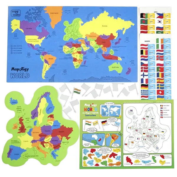 Imagimake Mapology India & World Map with Capitals |Educational Toy for Age 5+ | India & World foam map puzzle: 4 EVA frames, 10-3 pieces, 100 flags; learn states, 65+ countries, flags & capitals