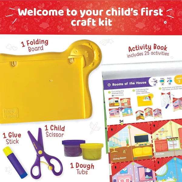 Imagimake My First Craft Kit, Kids Age 3+, 25 activities with child safe scissor, reusable dough, folding board & glue; learn to cut, fold & paste