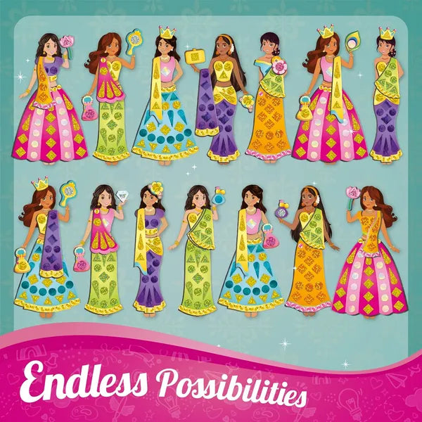 Imagimake DIY Magnetic Dress Up Indian Princess | Pretend Play Age 3+ | 15 dresses, 15 accessories, 700+ stickers & stones + bonus magnet doll & studio; mix & match Indian lehengas & sarees