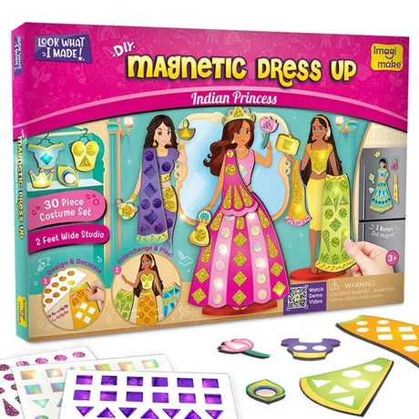 Imagimake DIY Magnetic Dress Up Indian Princess | Pretend Play Age 3+ | 15 dresses, 15 accessories, 700+ stickers & stones + bonus magnet doll & studio; mix & match Indian lehengas & sarees