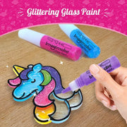 Imagimake Window Art Princess & Unicorn | Glass Painting Kit Age 5+ | Glass painting kit: interchange parts for 128 princess & unicorn combos; 8 suncatchers, 24 paints (7 glitter), peel & stick