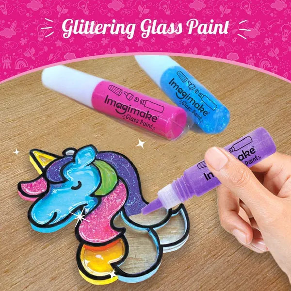 Imagimake Window Art Princess & Unicorn | Glass Painting Kit Age 5+ | Glass painting kit: interchange parts for 128 princess & unicorn combos; 8 suncatchers, 24 paints (7 glitter), peel & stick