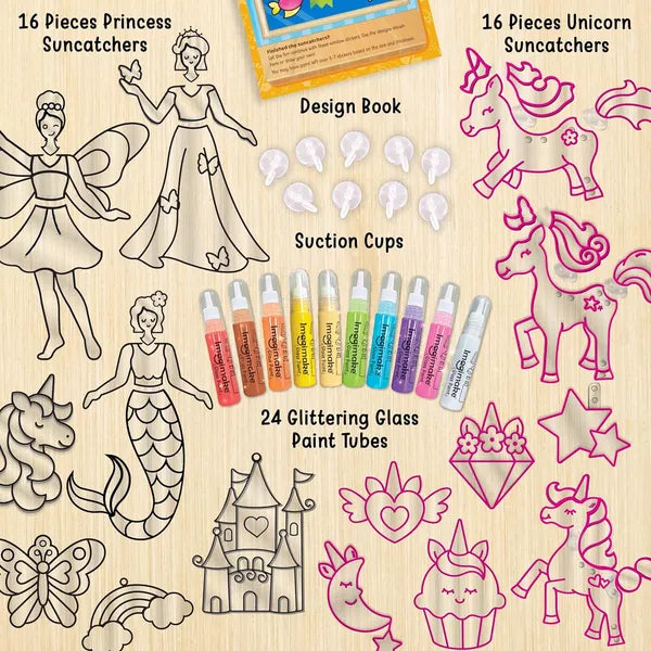 Imagimake Window Art Princess & Unicorn | Glass Painting Kit Age 5+ | Glass painting kit: interchange parts for 128 princess & unicorn combos; 8 suncatchers, 24 paints (7 glitter), peel & stick