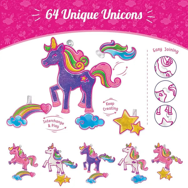Imagimake Window Art Princess & Unicorn | Glass Painting Kit Age 5+ | Glass painting kit: interchange parts for 128 princess & unicorn combos; 8 suncatchers, 24 paints (7 glitter), peel & stick